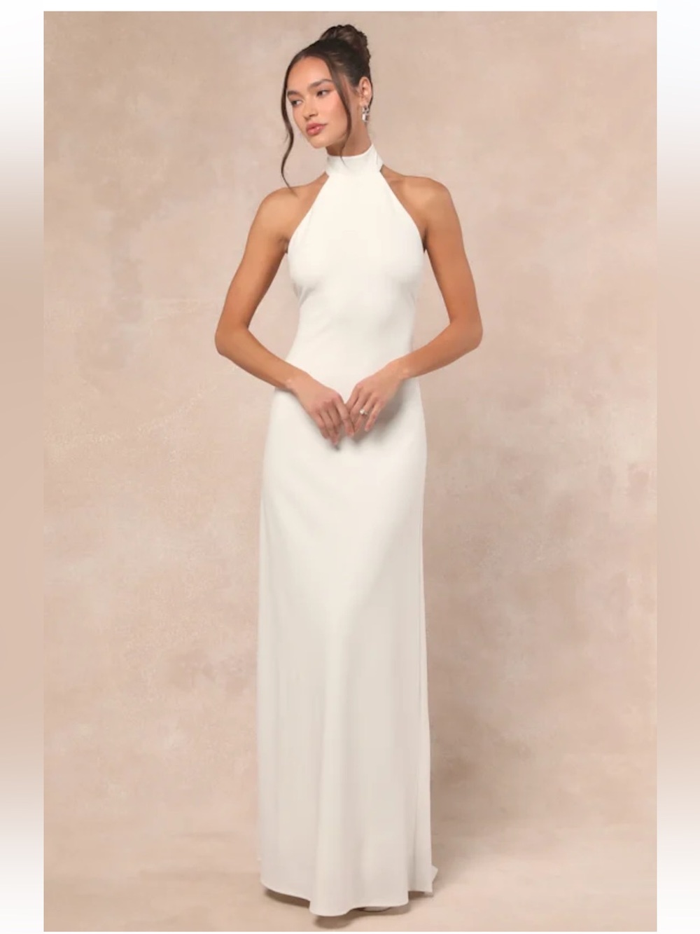 NWT- Lulus white halter wedding dress with high collar and open back. Size L